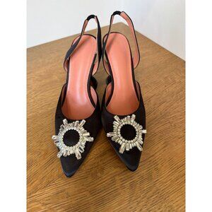Black Satin Slingback Heels With Rhinestone Embellishment & Flared Heels Size 8.